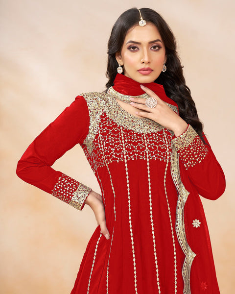 Women Red Art Silk Sequins Work Readymade Suit With Embroidered Dhoti Salwar