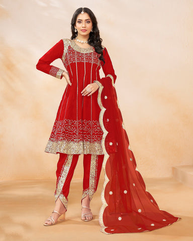 Women Red Art Silk Sequins Work Readymade Suit With Embroidered Dhoti Salwar