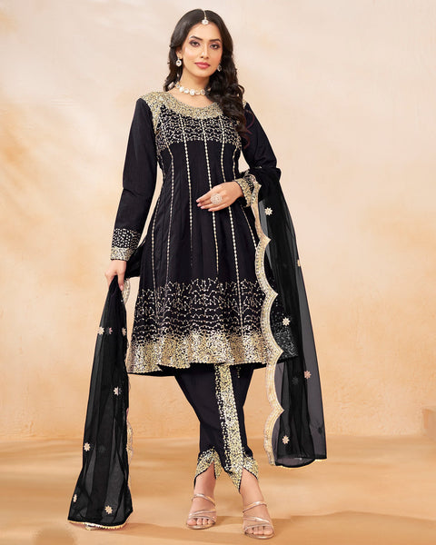 Women Black Art Silk Sequins Work Readymade Suit With Embroidered Dhoti Salwar