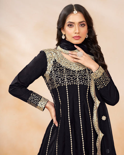 Women Black Art Silk Sequins Work Readymade Suit With Embroidered Dhoti Salwar