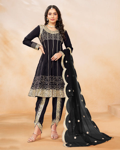 Women Black Art Silk Sequins Work Readymade Suit With Embroidered Dhoti Salwar