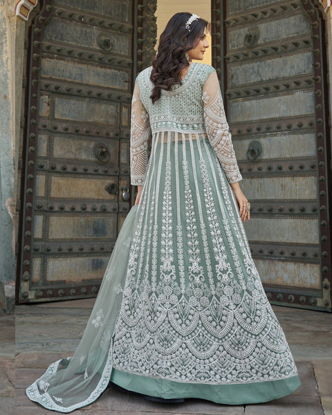 Sea Green Thread & Stone Work Women Net Unstitched Anarkali Suit