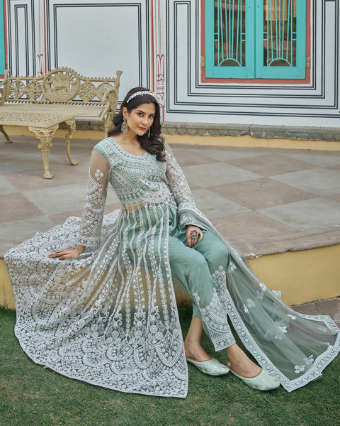 Sea Green Thread & Stone Work Women Net Unstitched Anarkali Suit