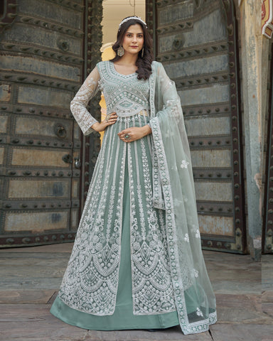 Sea Green Thread & Stone Work Women Net Unstitched Anarkali Suit