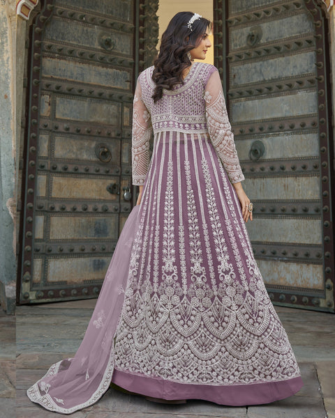 Light Purple Thread & Stone Work Women Net Unstitched Anarkali Suit