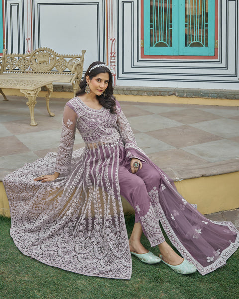 Light Purple Thread & Stone Work Women Net Unstitched Anarkali Suit