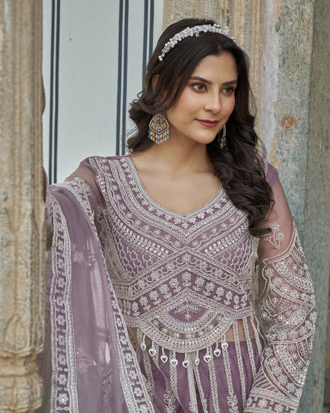 Light Purple Thread & Stone Work Women Net Unstitched Anarkali Suit