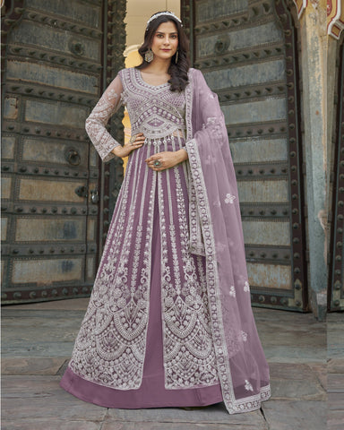 Light Purple Thread & Stone Work Women Net Unstitched Anarkali Suit