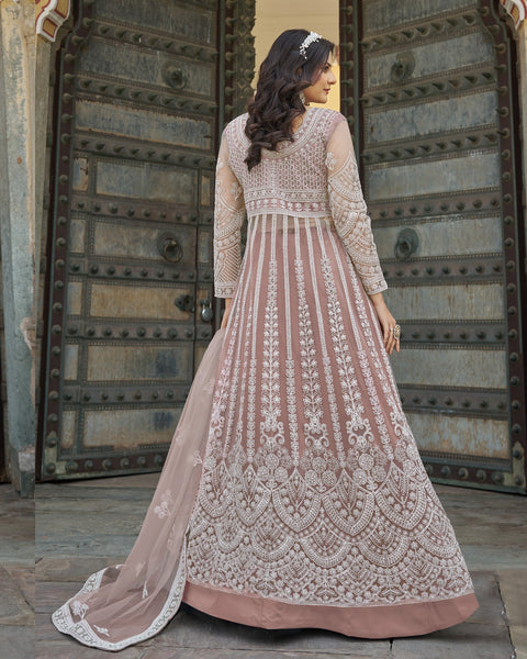 Beige Thread & Stone Work Women Net Unstitched Anarkali Suit