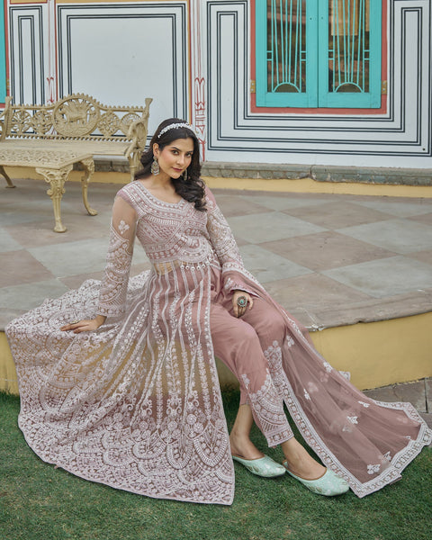 Beige Thread & Stone Work Women Net Unstitched Anarkali Suit