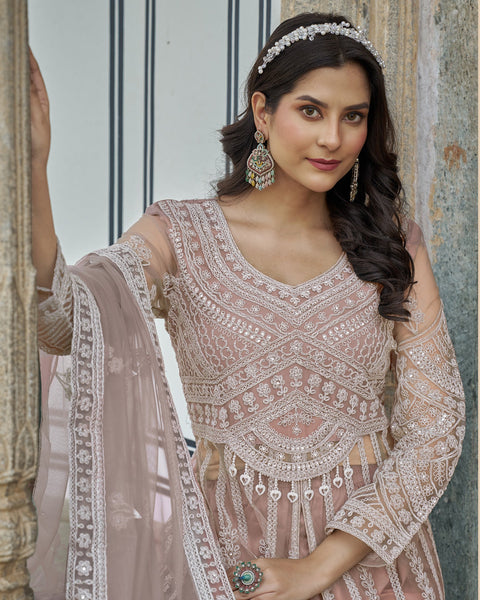 Beige Thread & Stone Work Women Net Unstitched Anarkali Suit