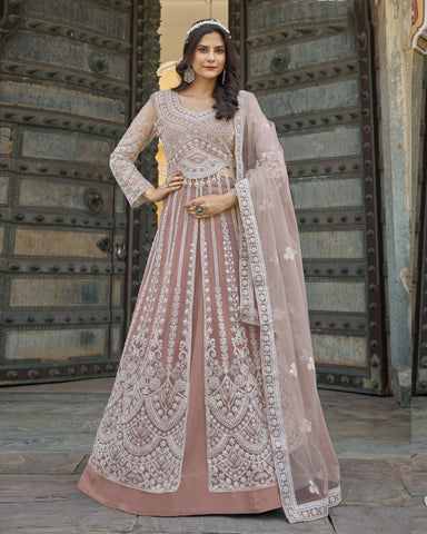 Beige Thread & Stone Work Women Net Unstitched Anarkali Suit