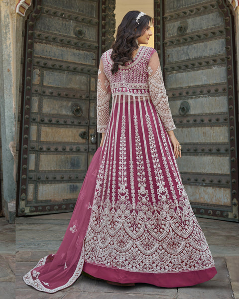 Pink Thread & Stone Work Women Net Unstitched Anarkali Suit
