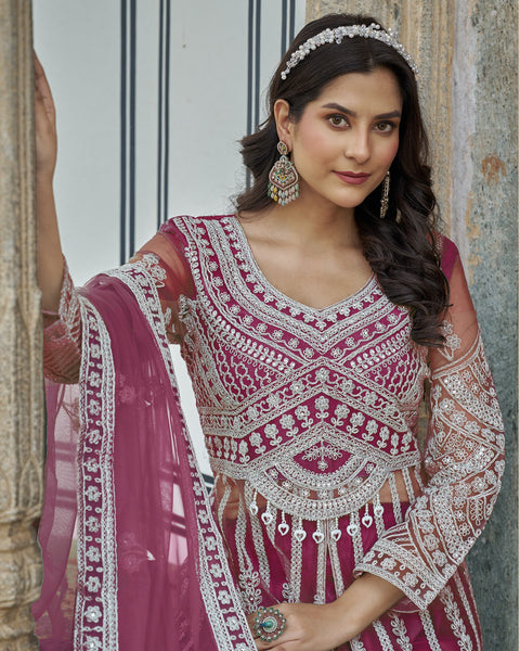 Pink Thread & Stone Work Women Net Unstitched Anarkali Suit
