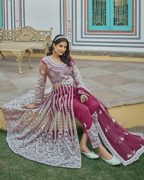 Pink Thread & Stone Work Women Net Unstitched Anarkali Suit
