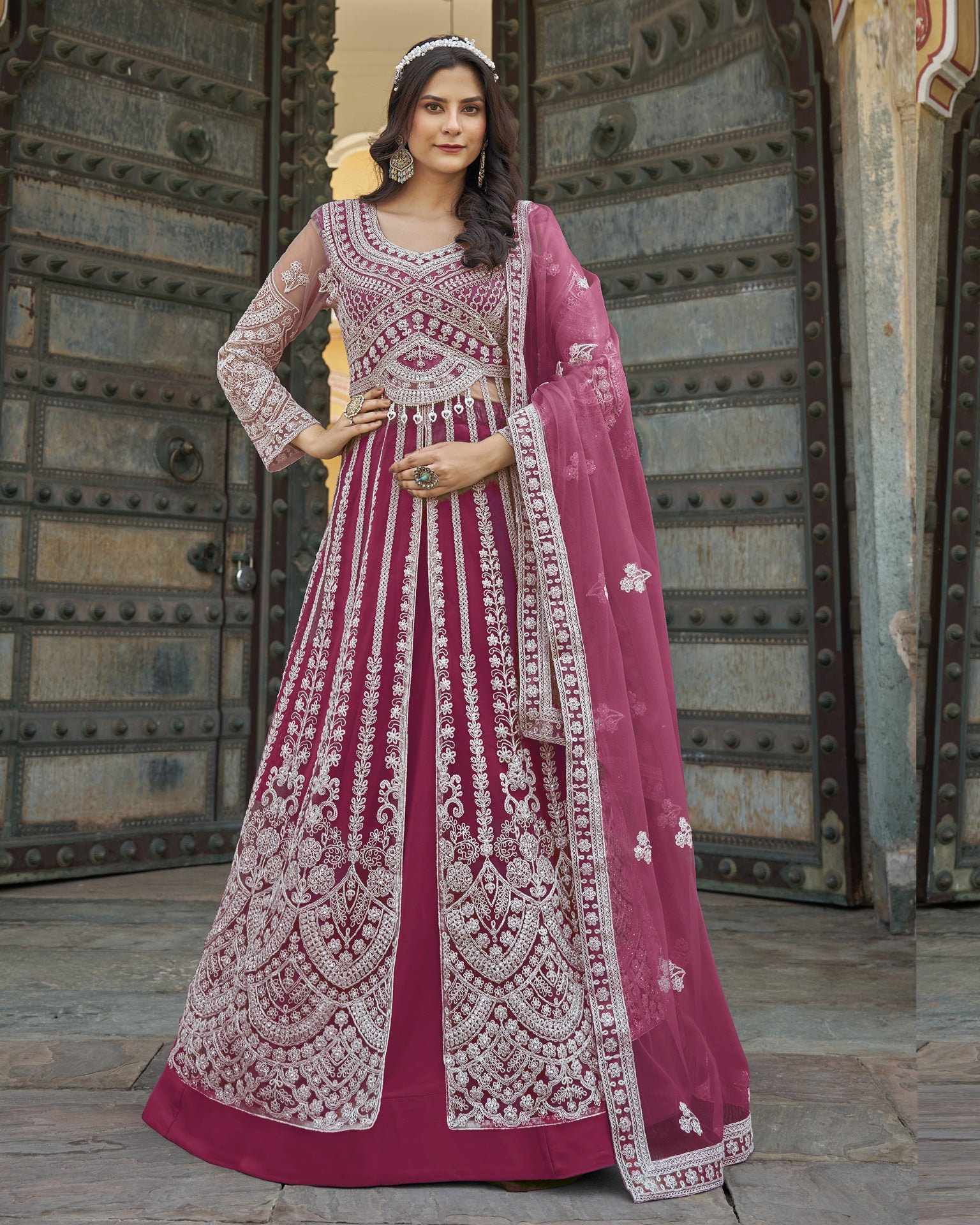 Pink Thread & Stone Work Women Net Unstitched Anarkali Suit