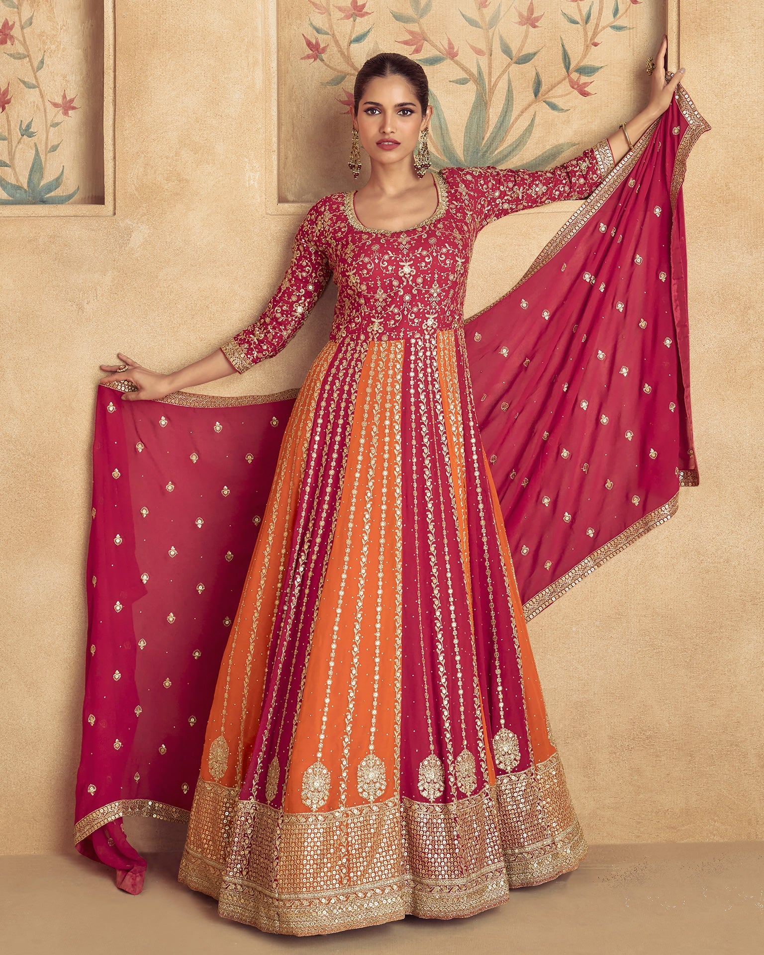 Orange & Red Pure Georgette Heavy Work Women Readymade Anarkali Gown With Dupatta