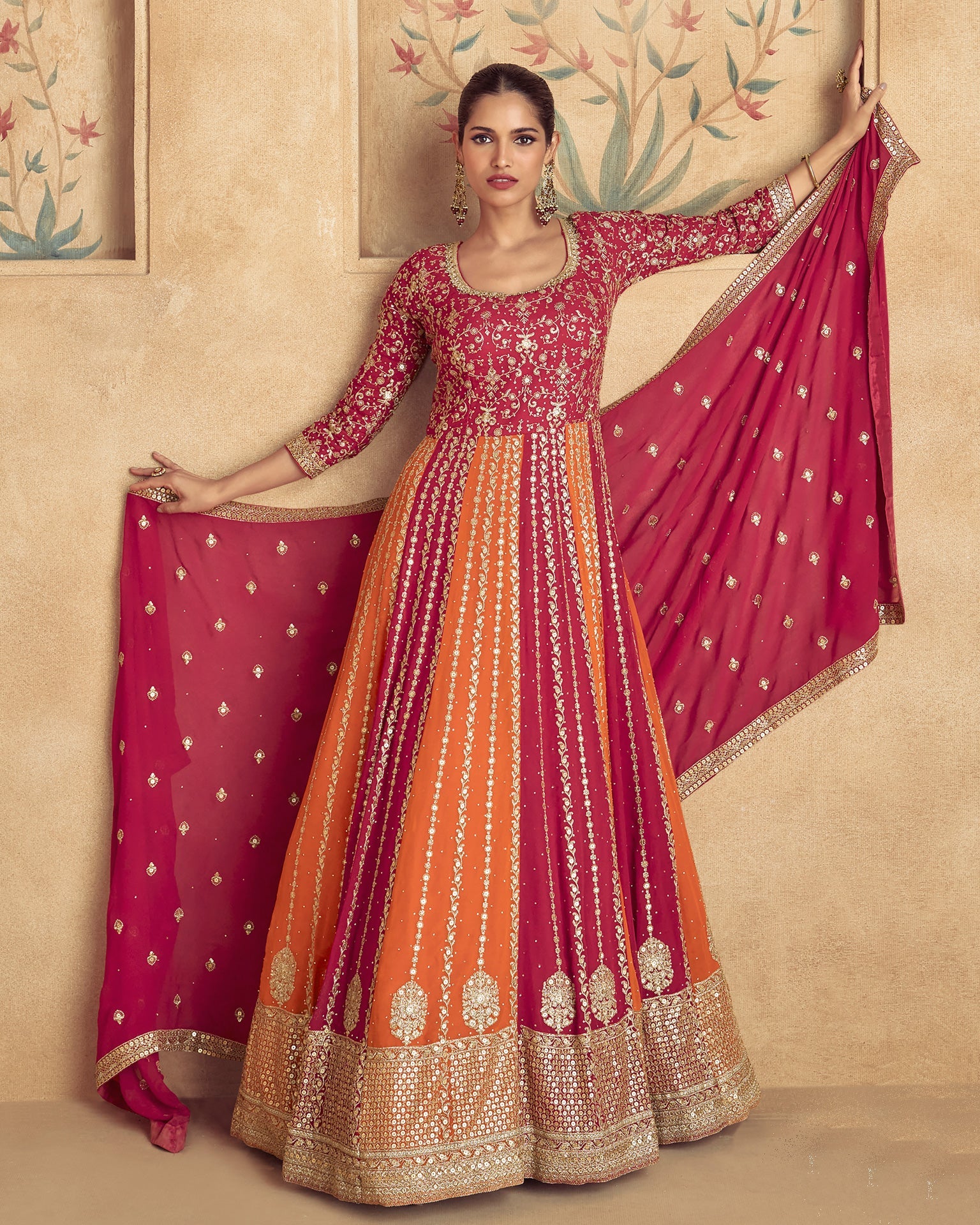 Pink Orange Pure Georgette Heavy Work Women Readymade Anarkali Gown With Dupatta