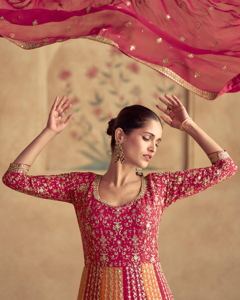 Pink Orange Pure Georgette Heavy Work Women Readymade Anarkali Gown With Dupatta