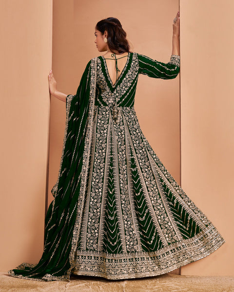 Green Zari Sequins Work Faux Georgette Women Unstitched Anarkali Suit