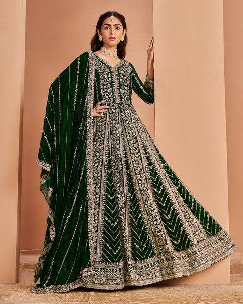 Green Zari Sequins Work Faux Georgette Women Unstitched Anarkali Suit