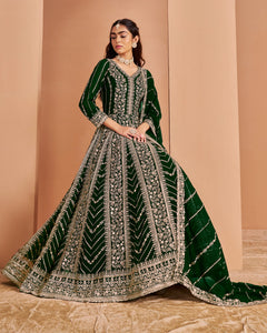 Green Zari Sequins Work Faux Georgette Women Unstitched Anarkali Suit