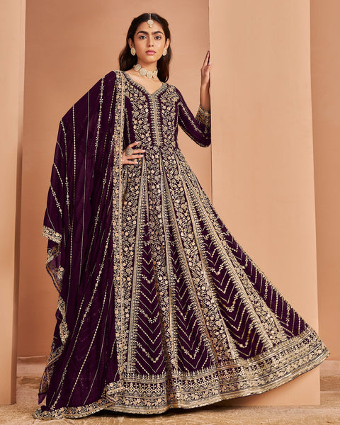 Purple Zari Sequins Work Faux Georgette Women Unstitched Anarkali Suit