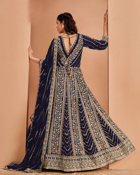 Blue Zari Sequins Work Faux Georgette Women Unstitched Anarkali Suit