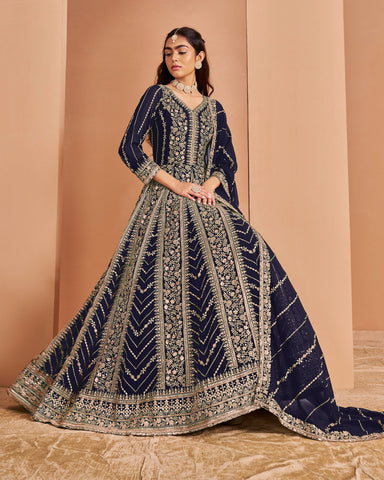 Blue Zari Sequins Work Faux Georgette Women Unstitched Anarkali Suit