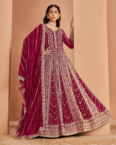 Maroon Zari Sequins Work Faux Georgette Women Unstitched Anarkali Suit