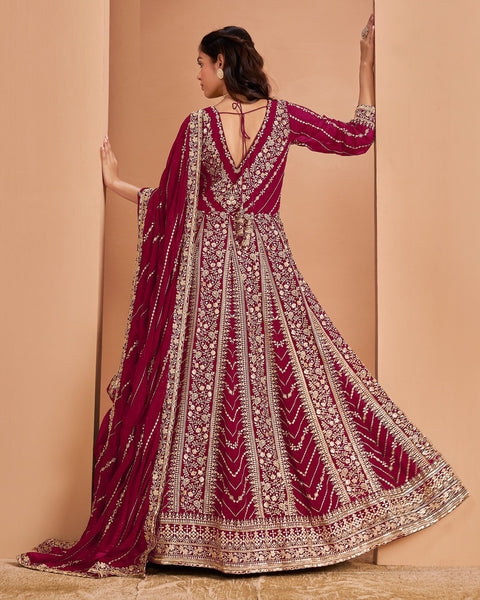 Maroon Zari Sequins Work Faux Georgette Women Unstitched Anarkali Suit