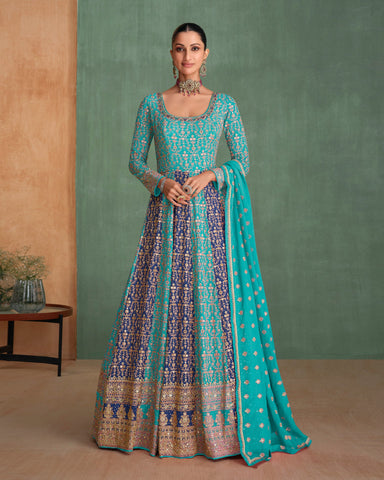 Blue Pure Georgette Zari Work Women Readymade Anarkali Gown With Dupatta