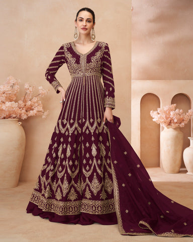 Wine Chinnon Silk Zari & Sequins Work Women Readymade Anarkali Frock Suit