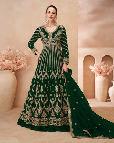 Green Chinnon Silk Zari & Sequins Work Women Readymade Anarkali Frock Suit