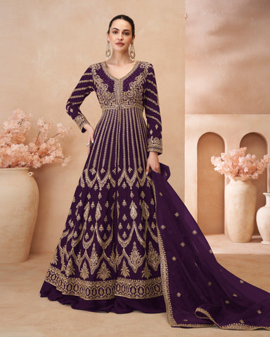 Purple Chinnon Silk Zari & Sequins Work Women Readymade Anarkali Frock Suit