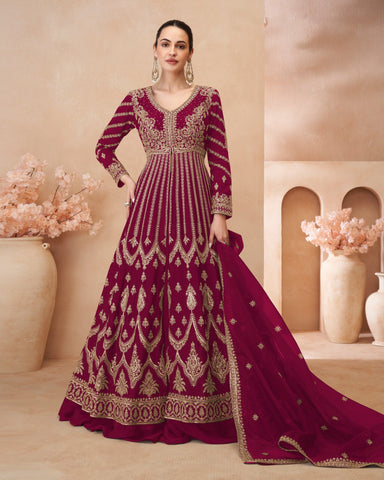 Magenta Chinnon Silk Zari & Sequins Work Women Readymade Anarkali Frock Suit