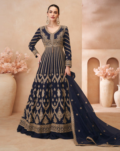 Blue Chinnon Silk Zari & Sequins Work Women Readymade Anarkali Frock Suit