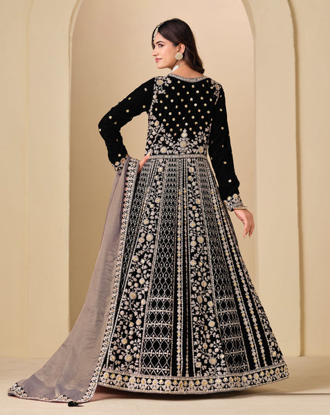 Black Zari Work Women Unstitched Velvet Anarkali Suit