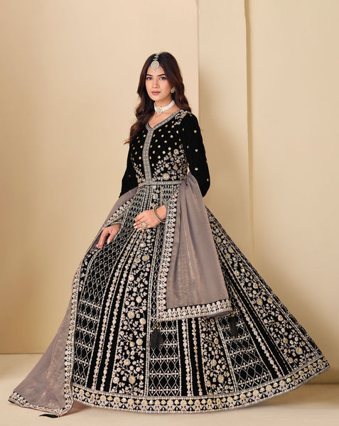 Black Zari Work Women Unstitched Velvet Anarkali Suit