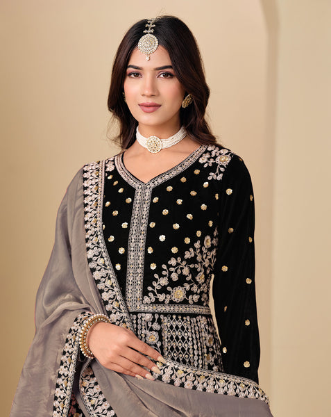 Black Zari Work Women Unstitched Velvet Anarkali Suit