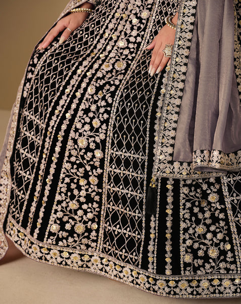 Black Zari Work Women Unstitched Velvet Anarkali Suit