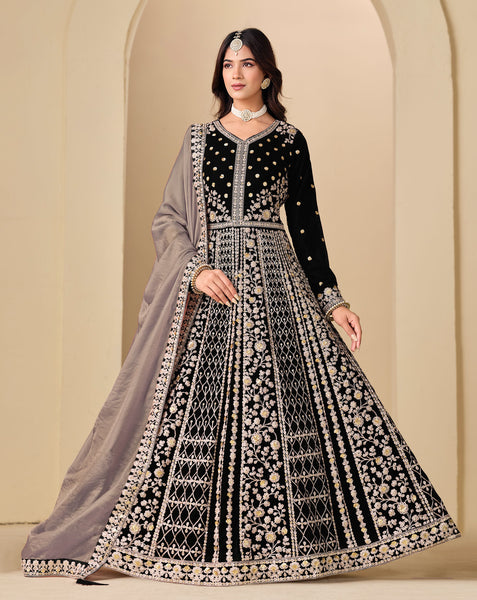 Black Zari Work Women Unstitched Velvet Anarkali Suit