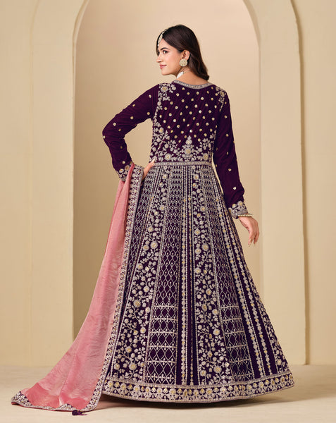 Purple Zari Work Women Unstitched Velvet Anarkali Suit