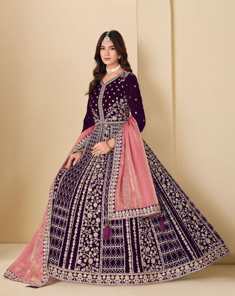 Purple Zari Work Women Unstitched Velvet Anarkali Suit