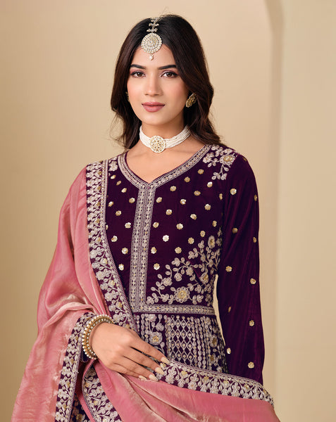 Purple Zari Work Women Unstitched Velvet Anarkali Suit