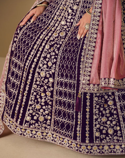 Purple Zari Work Women Unstitched Velvet Anarkali Suit
