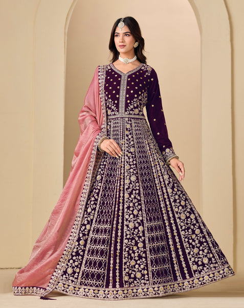 Purple Zari Work Women Unstitched Velvet Anarkali Suit