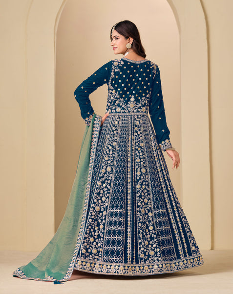 Blue Zari Work Women Unstitched Velvet Anarkali Suit