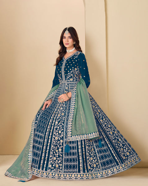 Blue Zari Work Women Unstitched Velvet Anarkali Suit
