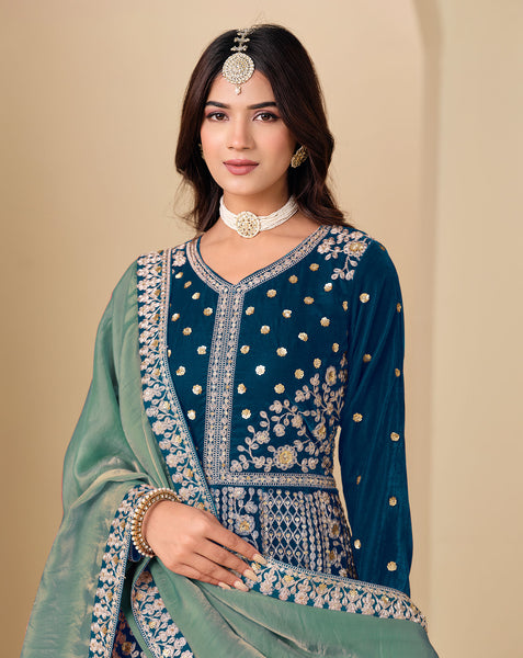Blue Zari Work Women Unstitched Velvet Anarkali Suit